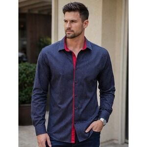 BARABAS. XL. Men's Navy Microdot Dress Shirt w/Red Trim. Classic Fit. 100%Cotton